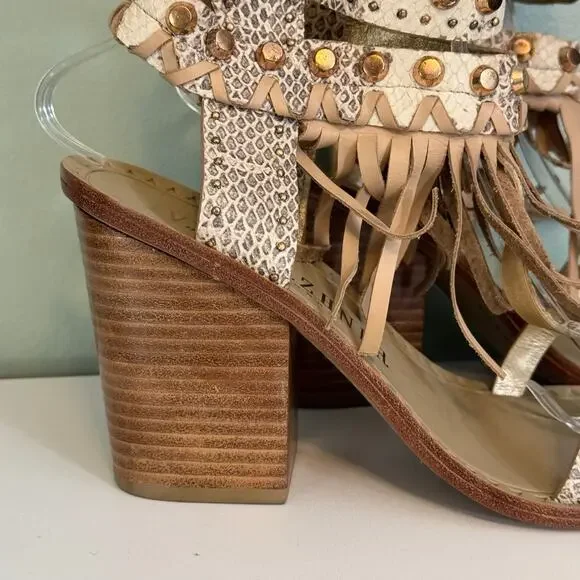 Ivy Kirzhner Sandals 9 Brown Snake Fringe Studded Hildagar Buckle Strappy Ankle